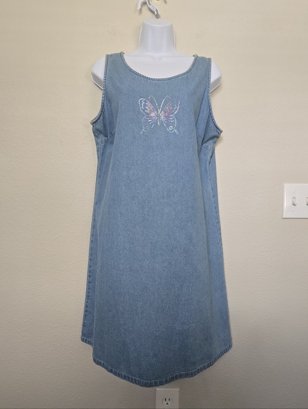 Vintage 90s Denim Mini Dress Butterfly Rhinestone Size Large - Picture 2 of 11